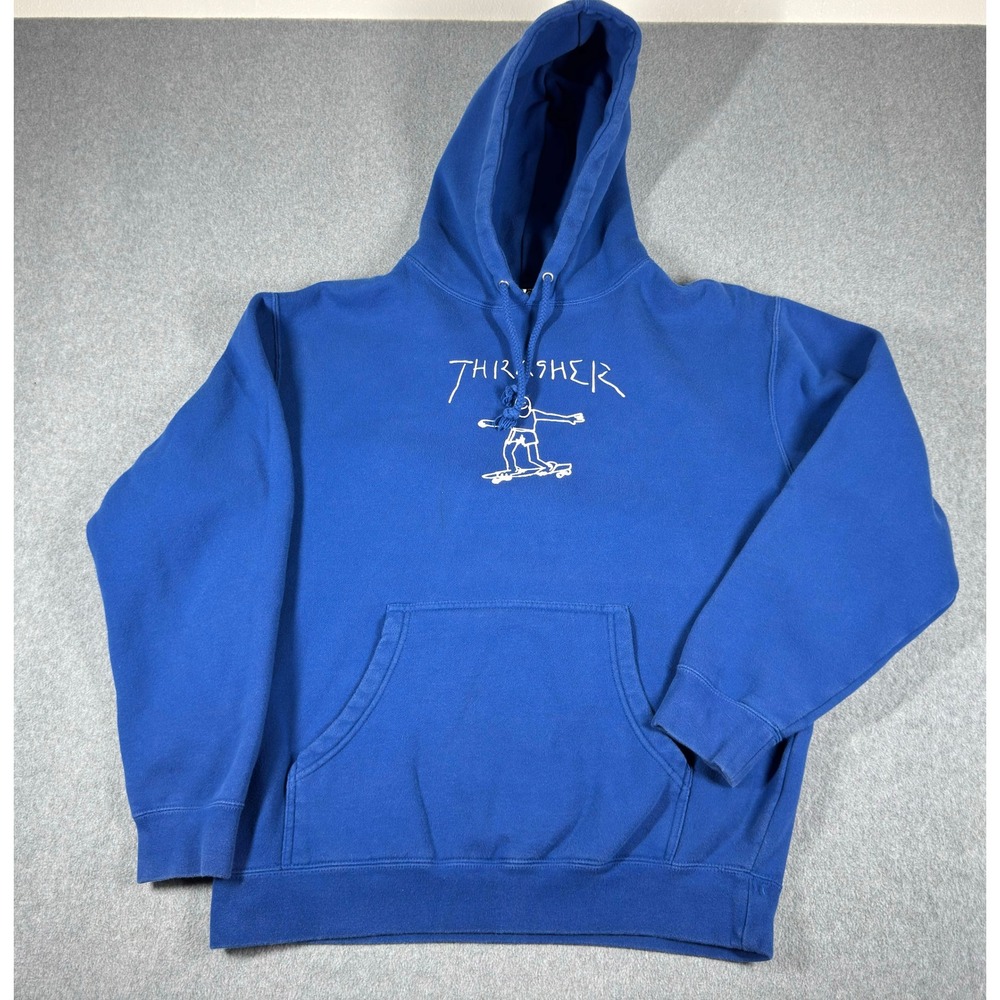 Vintage Thrasher Magazine Blue Graphic Skate Skater Hoodie Sweatshirt Mens L